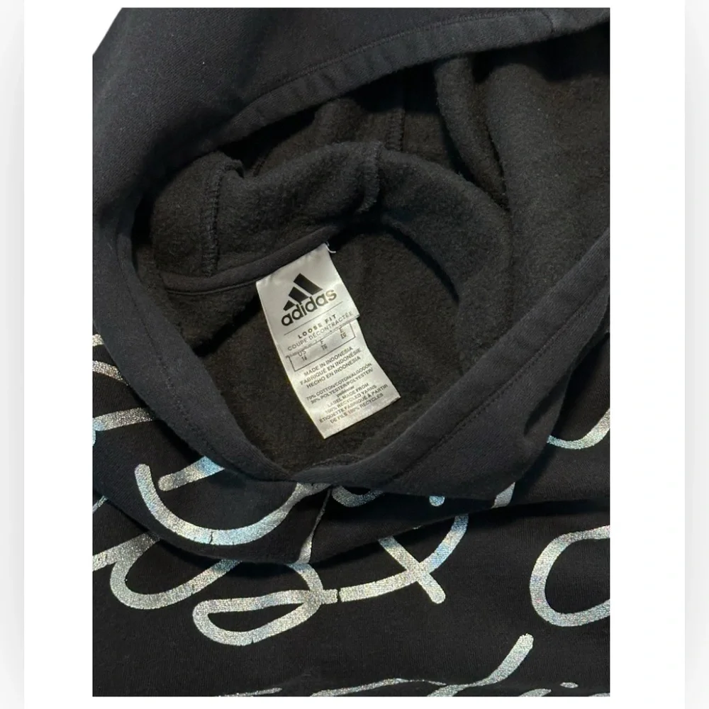 Adidas | Girls' Allover Print Foil Fleece Silver on Black Hoodie | Size 14 | EUC